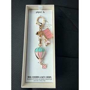 Piper K Paris Bag Charm Keychain‎ Hot Air Balloon Eiffel Tower Pink Gold NIB